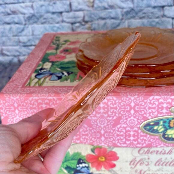 Jeanette Glass Vintage Saucer Plates Set of 5 Depression Glass Cherry Blossom - Picture 5 of 6